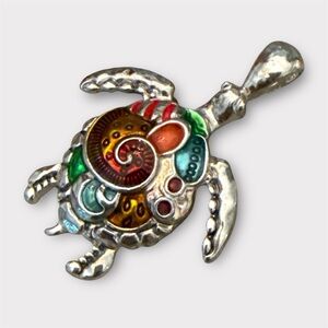 Mosaic Artsy Silver Tone Sea Turtle Enamel Pendant